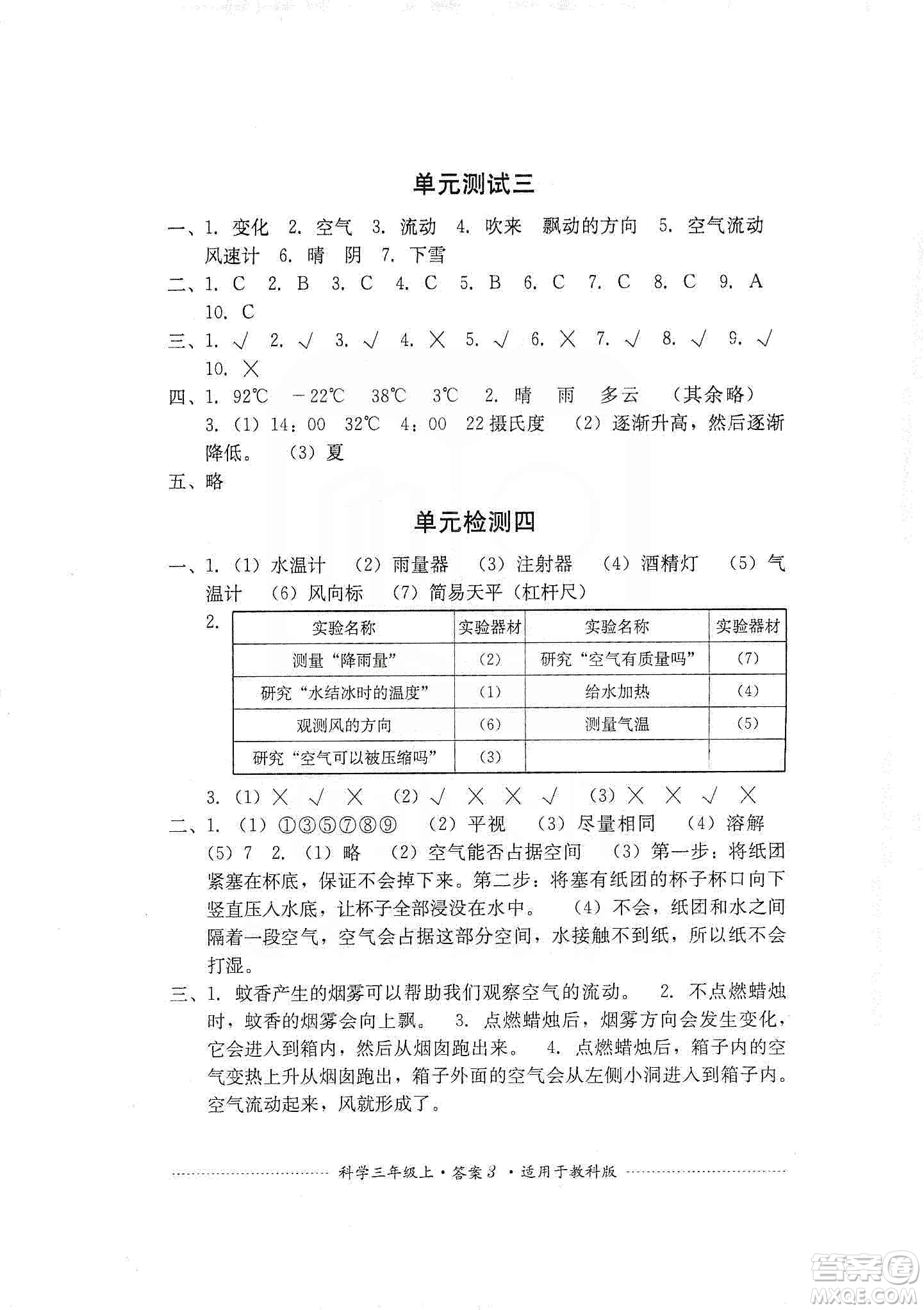 四川教育出版社2019課程標(biāo)準(zhǔn)小學(xué)單元測(cè)試三年級(jí)科學(xué)上冊(cè)教科版答案