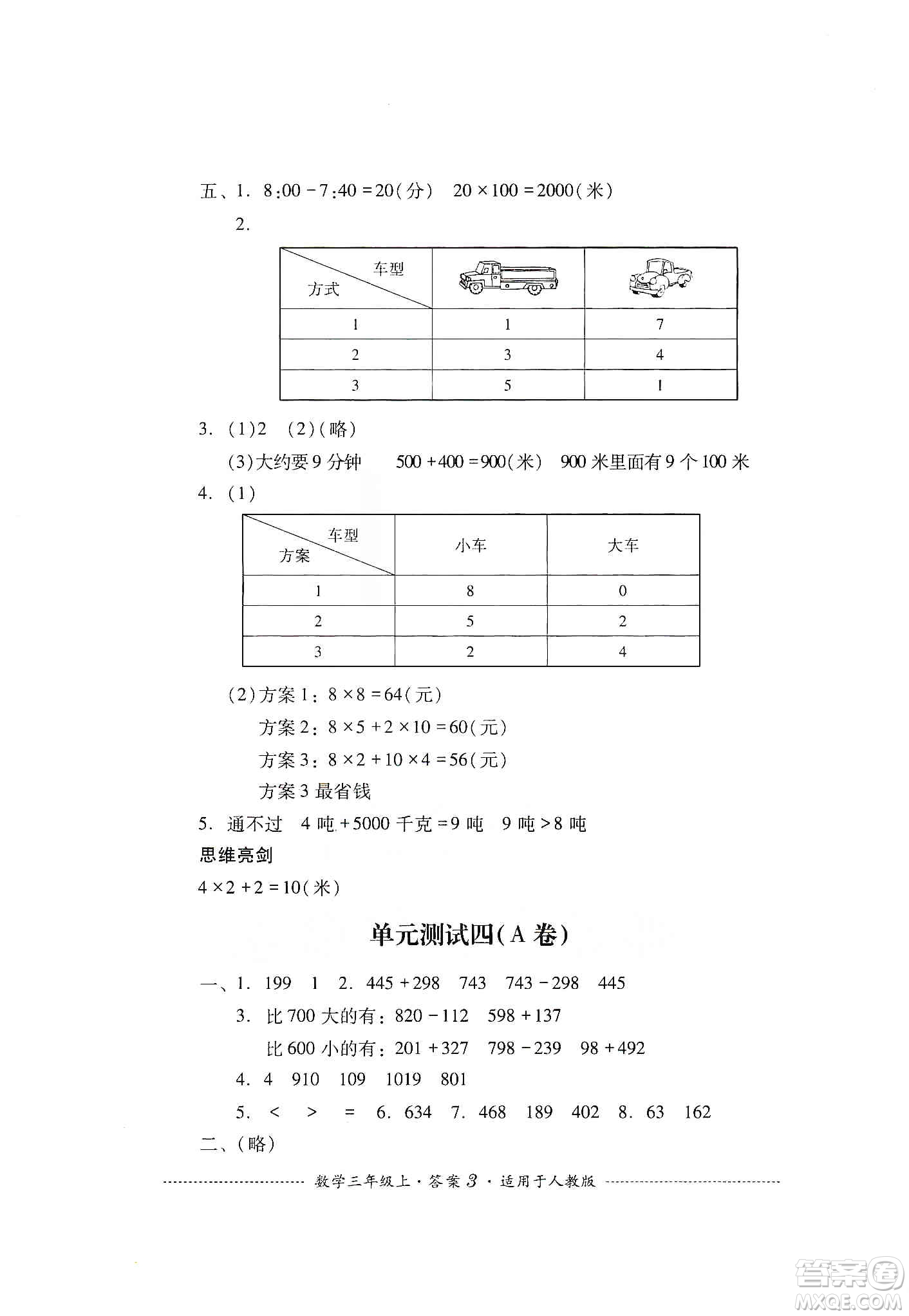 四川教育出版社2019課程標(biāo)準(zhǔn)小學(xué)單元測(cè)試三年級(jí)數(shù)學(xué)上冊(cè)人教版答案