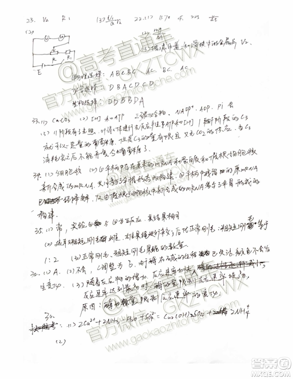 2020屆江西省上饒市民校考試聯(lián)盟高三理科綜合試題答案