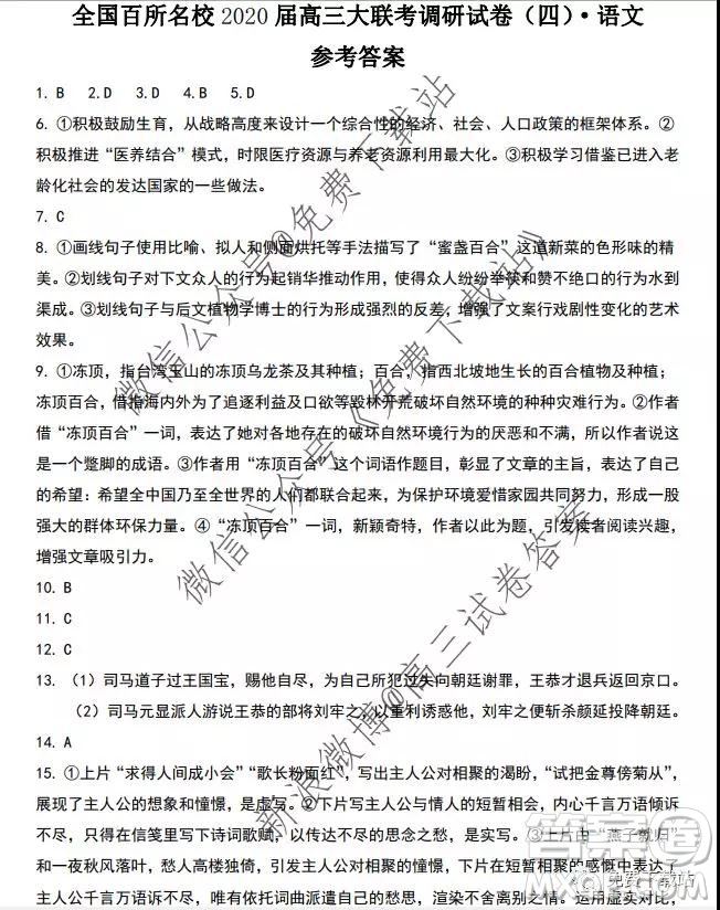 全國百所名校2020屆高三大聯(lián)考調研試卷四語文答案