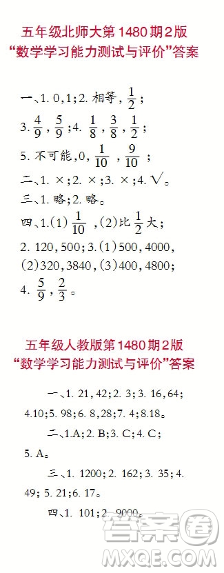 2019小學生數(shù)學報五年級上學期第1480期答案