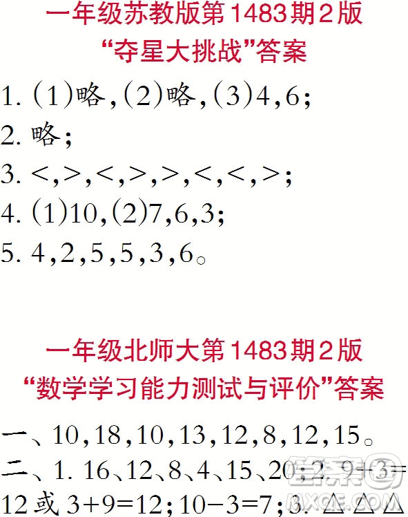2019小學生數(shù)學報一年級上學期第1483期答案