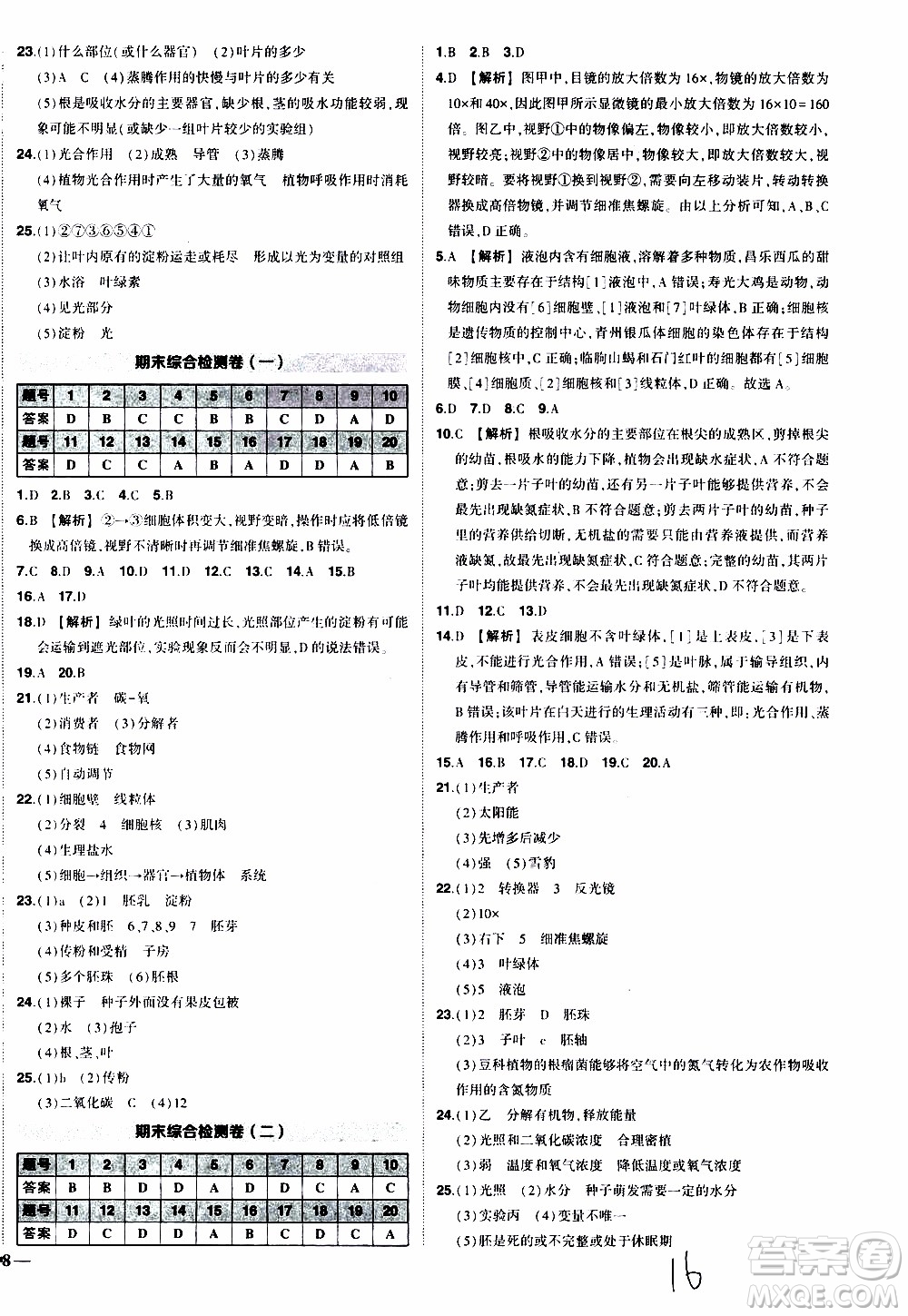 狀語成才路2019年?duì)钤獙?dǎo)練七年級(jí)上冊(cè)生物人教版參考答案