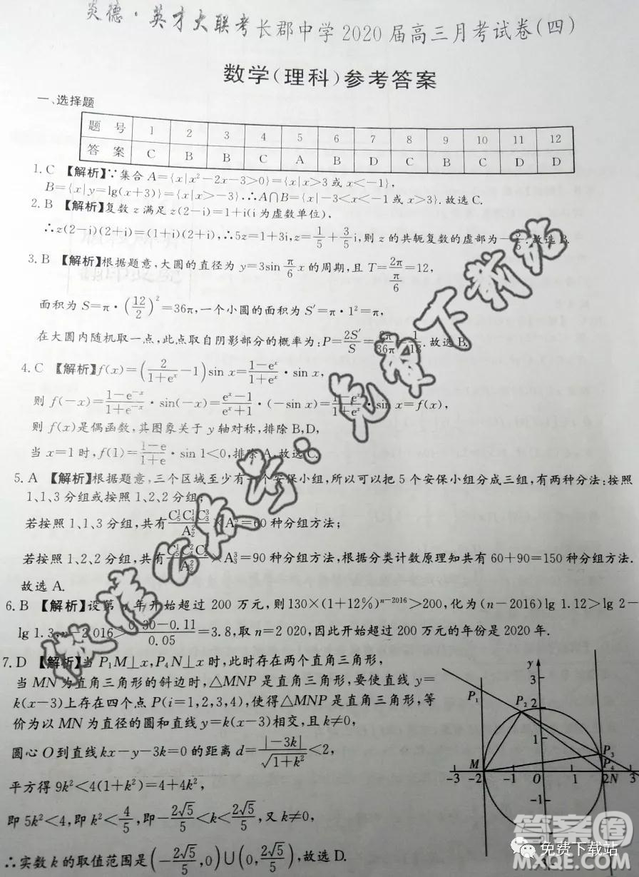 炎德英才大聯(lián)考長(zhǎng)郡中學(xué)2020屆高三月考試卷四理科數(shù)學(xué)答案