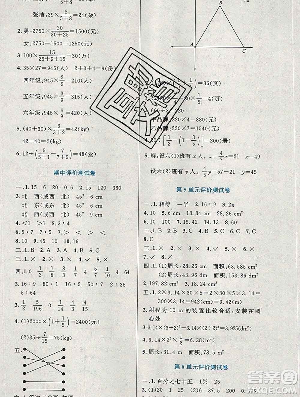 2019年秋新版小學(xué)同步測控優(yōu)化設(shè)計(jì)六年級數(shù)學(xué)上冊人教增強(qiáng)版陜西專版答案