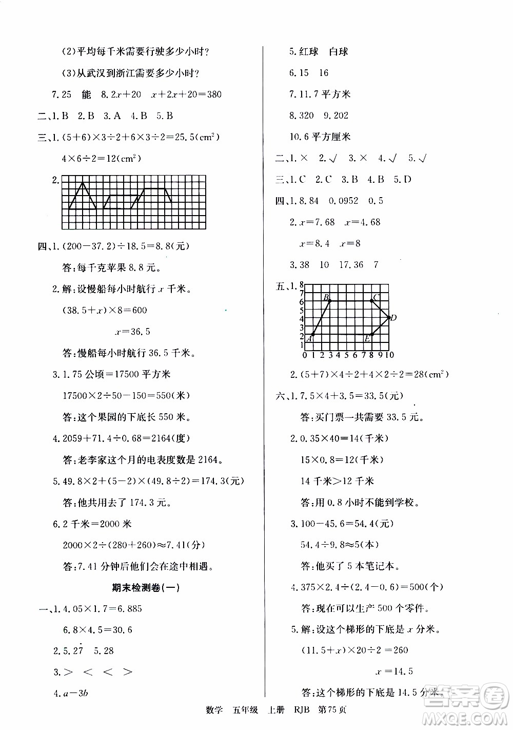 2019年單元測評卷數(shù)學優(yōu)優(yōu)好卷五年級上冊人教版參考答案