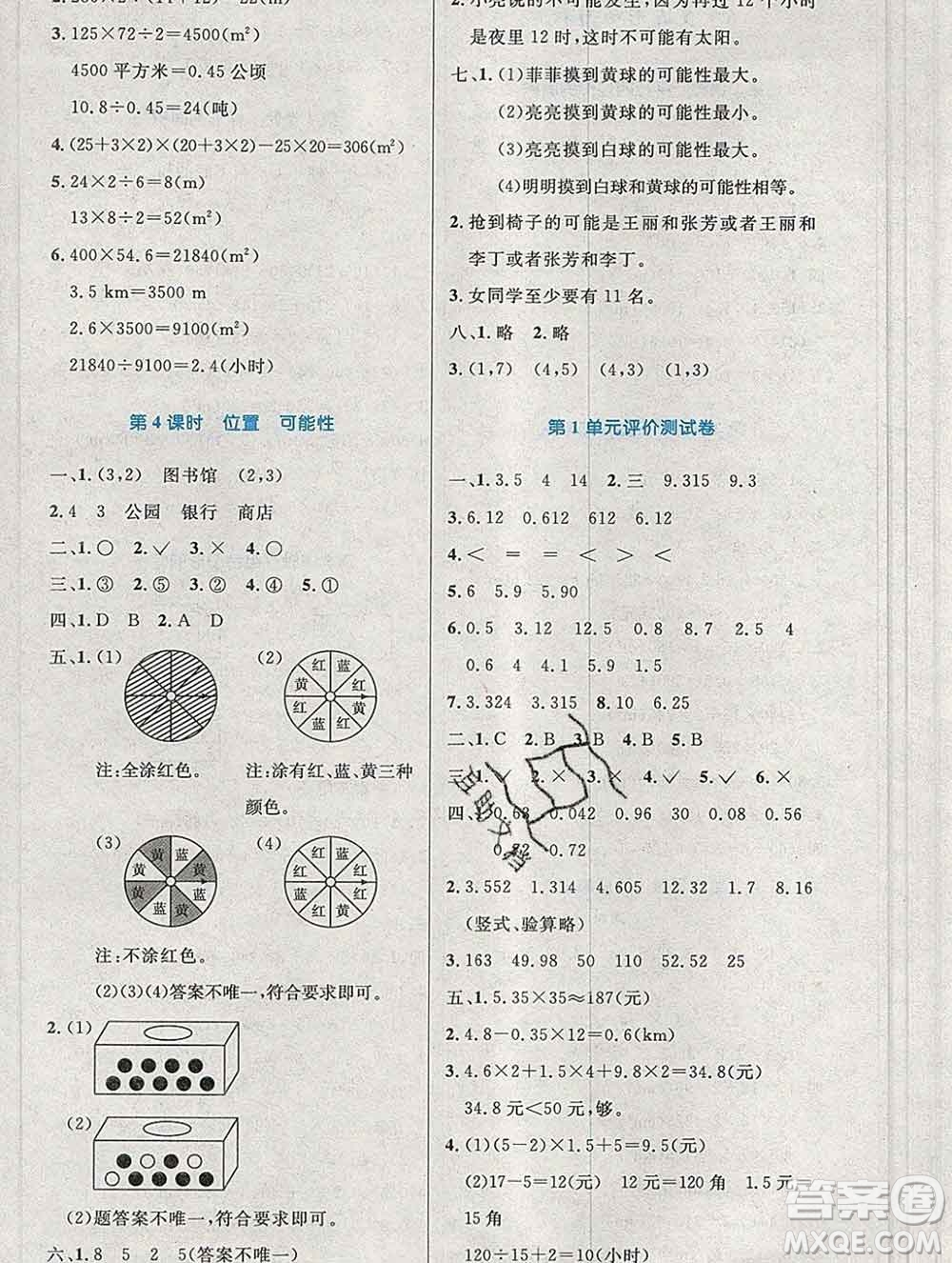 2019年秋新版小學同步測控優(yōu)化設計五年級數(shù)學上冊人教增強版陜西專版答案