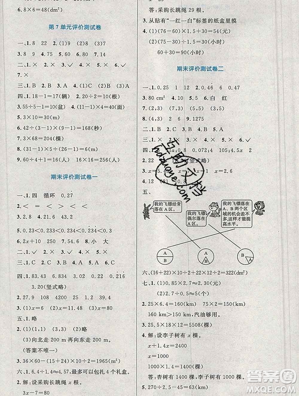 2019年秋新版小學同步測控優(yōu)化設計五年級數(shù)學上冊人教增強版陜西專版答案