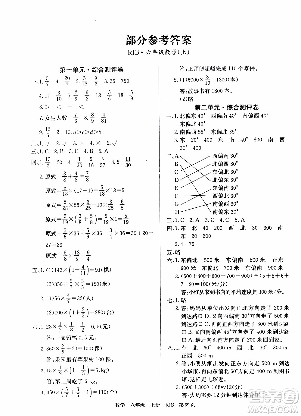 2019年單元測評卷數(shù)學(xué)優(yōu)優(yōu)好卷六年級上冊人教版參考答案