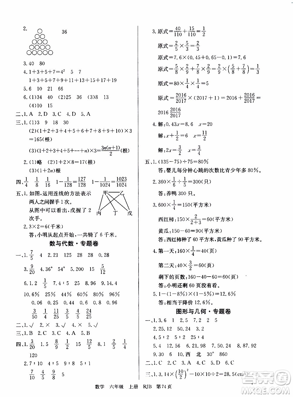 2019年單元測評卷數(shù)學(xué)優(yōu)優(yōu)好卷六年級上冊人教版參考答案