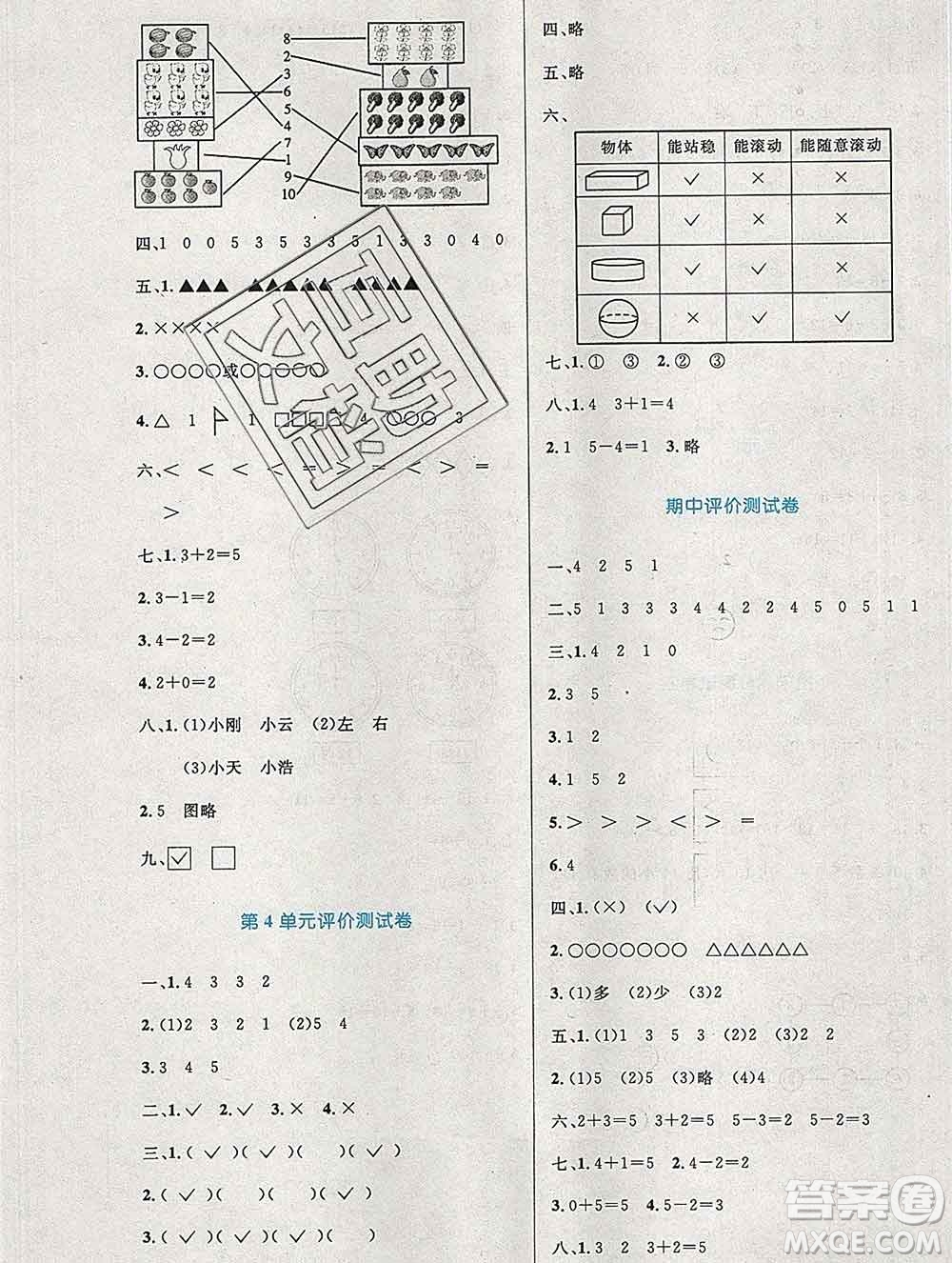 2019年秋新版小學(xué)同步測控優(yōu)化設(shè)計(jì)一年級(jí)數(shù)學(xué)上冊人教增強(qiáng)版陜西專版答案