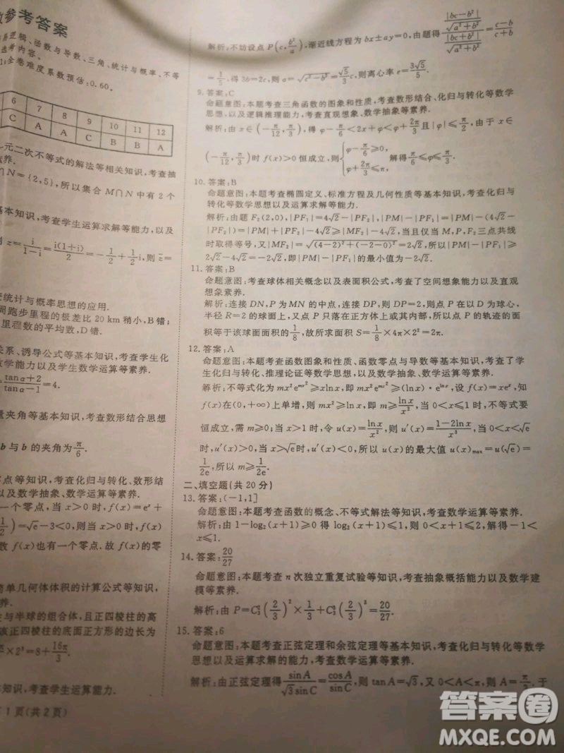 國考1號高中2020屆畢業(yè)班基礎知識滾動測試7理科數(shù)學答案