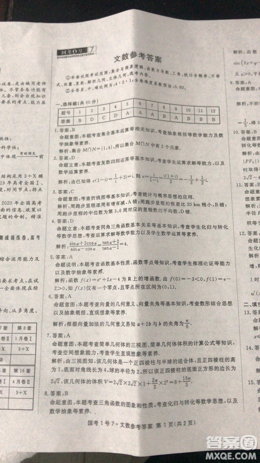 國考1號(hào)高中2020屆畢業(yè)班基礎(chǔ)知識(shí)滾動(dòng)測試7文科數(shù)學(xué)答案