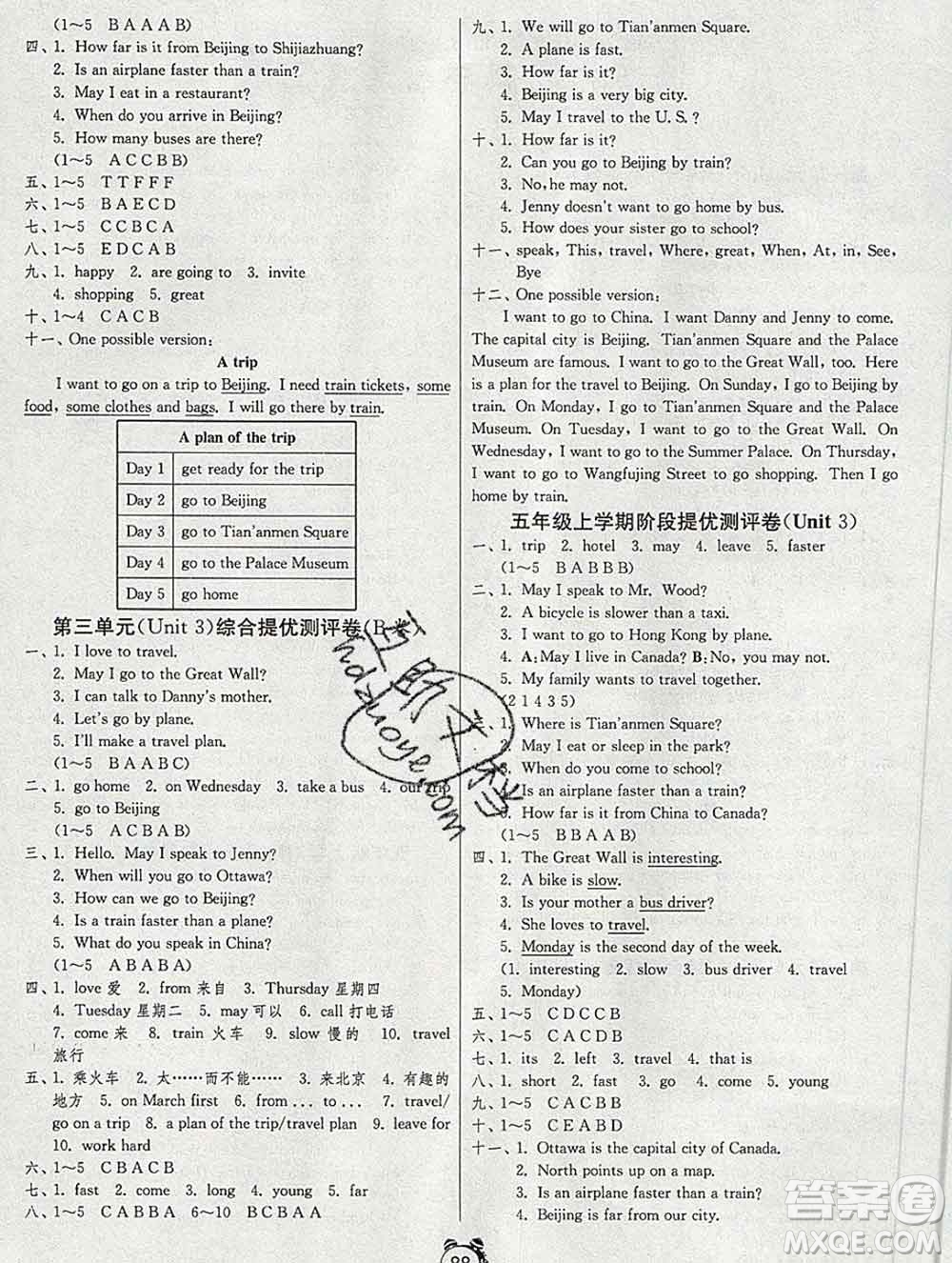 2019新版單元雙測同步達(dá)標(biāo)活頁試卷五年級英語上冊冀教版答案