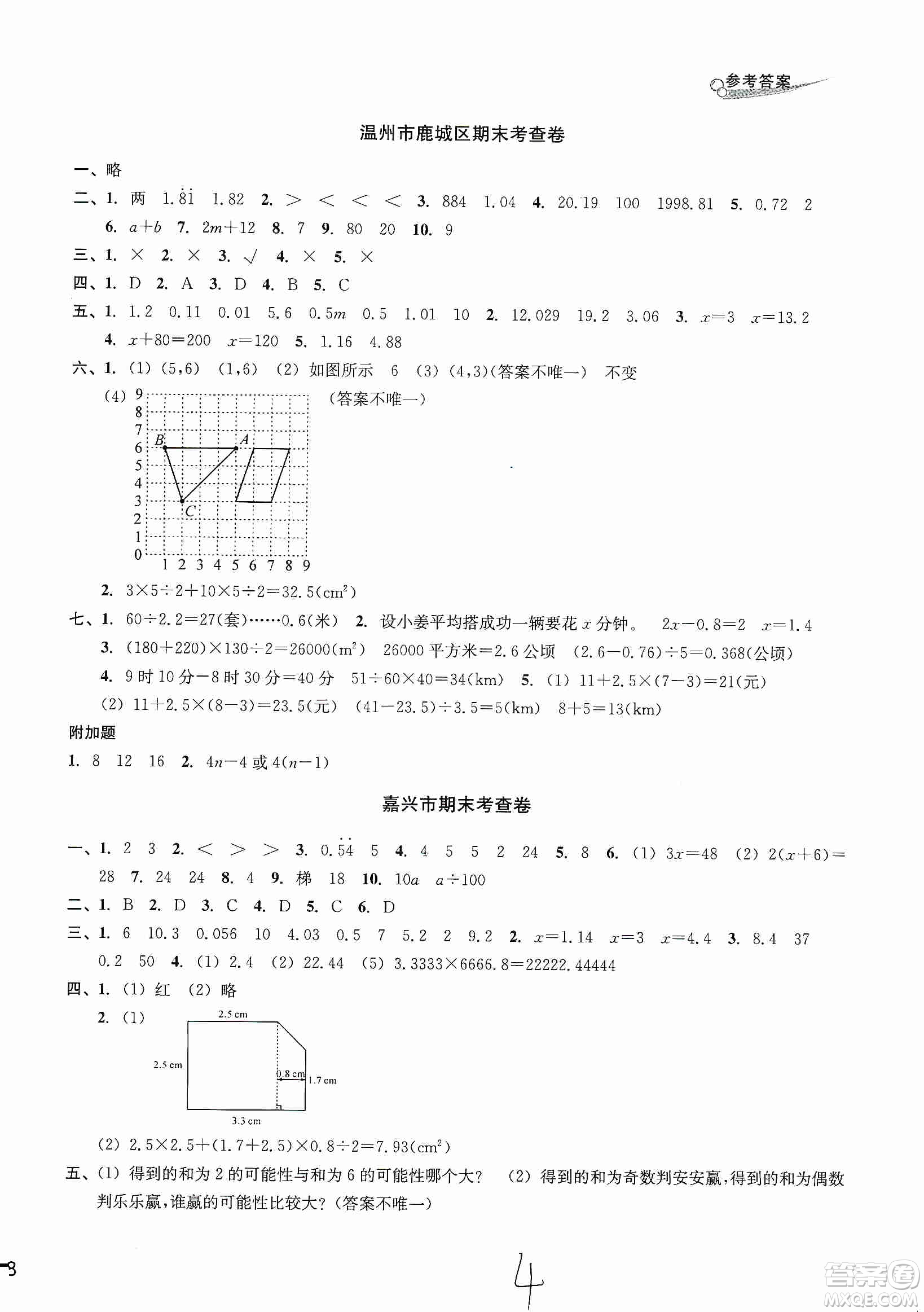 浙江教育出版社2019各地期末名卷精選五年級(jí)數(shù)學(xué)上冊(cè)人教版答案