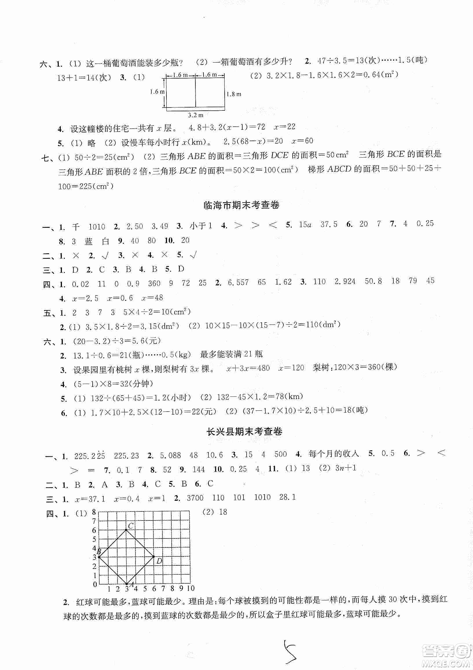 浙江教育出版社2019各地期末名卷精選五年級(jí)數(shù)學(xué)上冊(cè)人教版答案