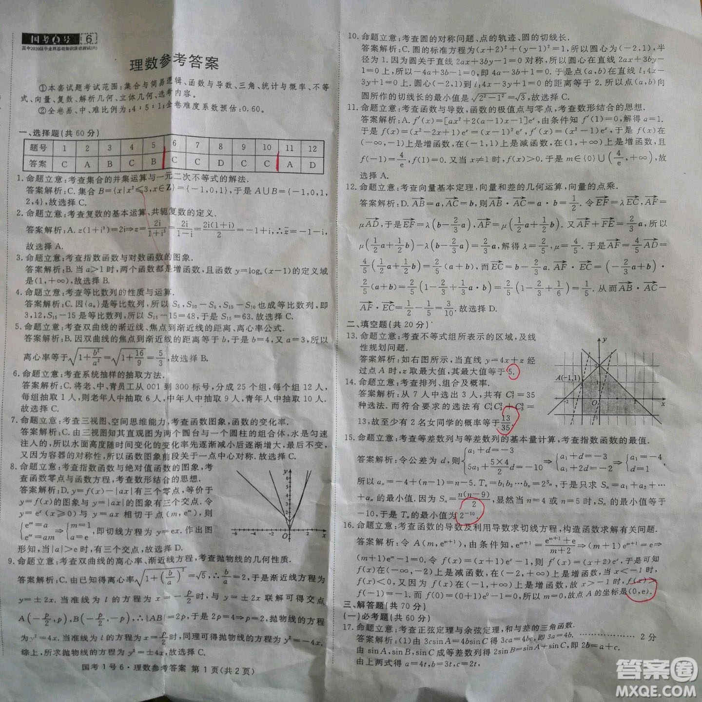 國(guó)考1號(hào)高中2020屆畢業(yè)班基礎(chǔ)知識(shí)滾動(dòng)測(cè)試6理科數(shù)學(xué)答案