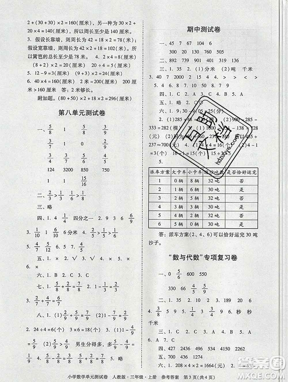 2019秋星晨圖書單元測(cè)試卷小學(xué)數(shù)學(xué)三年級(jí)上冊(cè)人教版答案