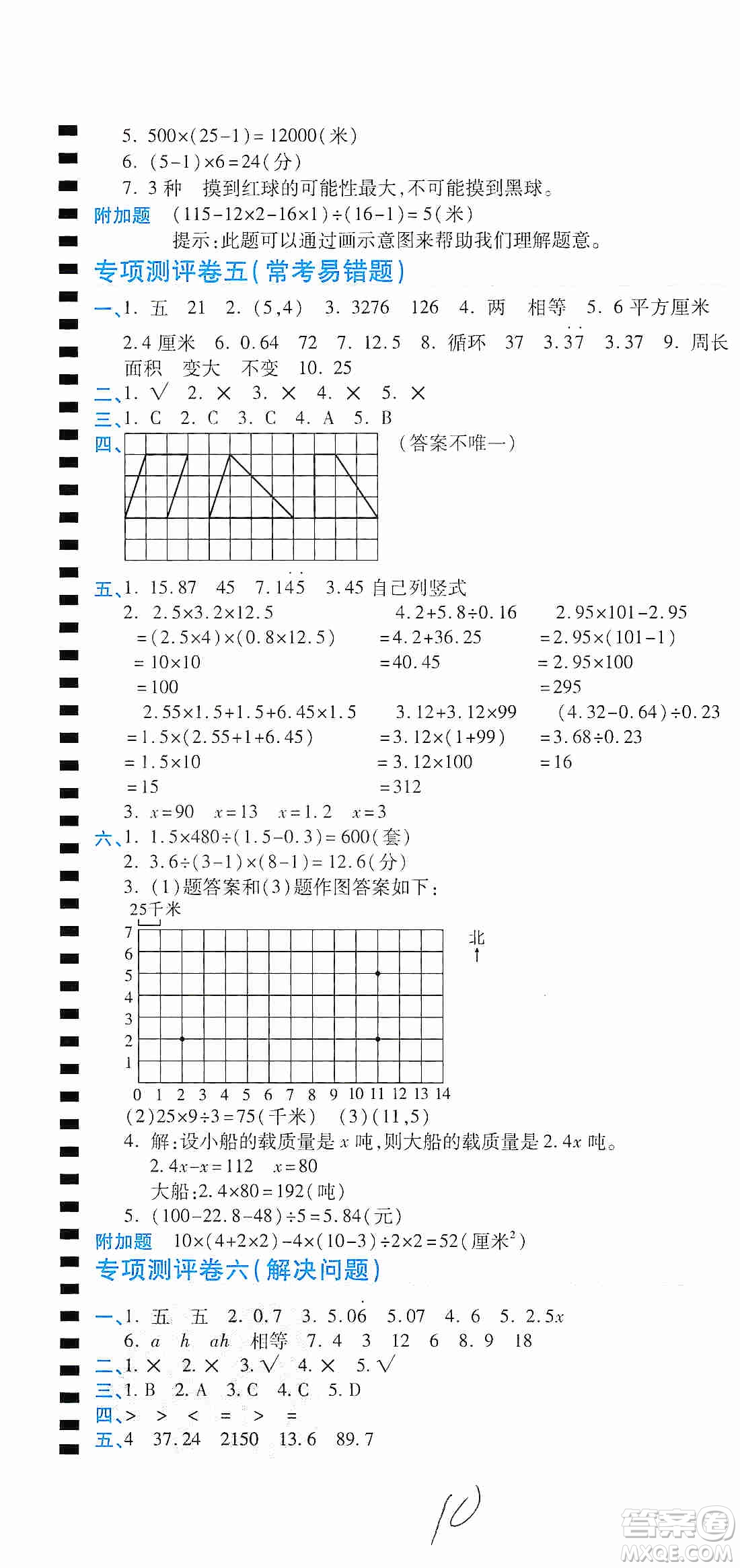 2019期末100分沖刺卷五年級數(shù)學(xué)上冊人教版答案