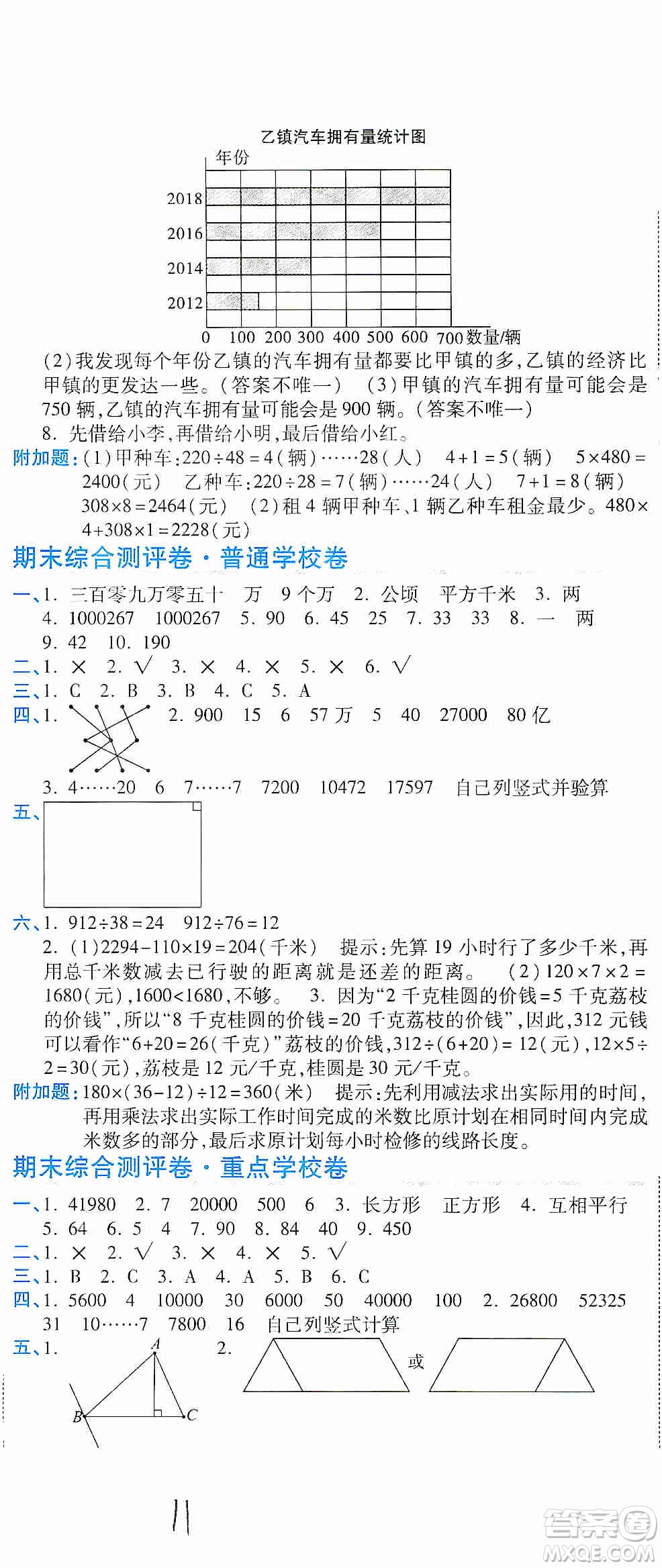 開明出版社2019期末100分沖刺卷四年級數(shù)學上冊人教版答案