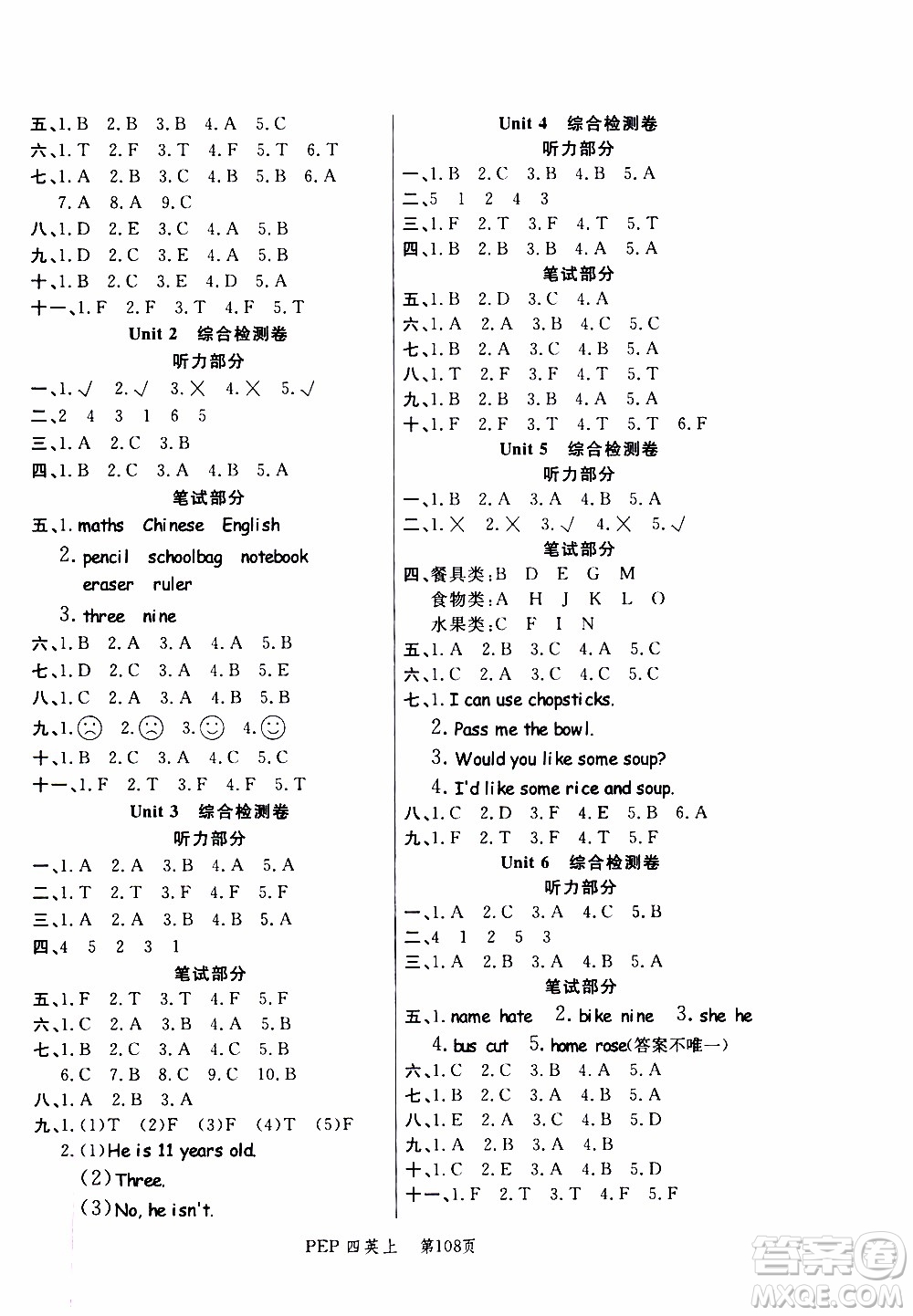2019年小狀元沖刺100分隨堂手冊英語四年級上冊PEP人教版參考答案