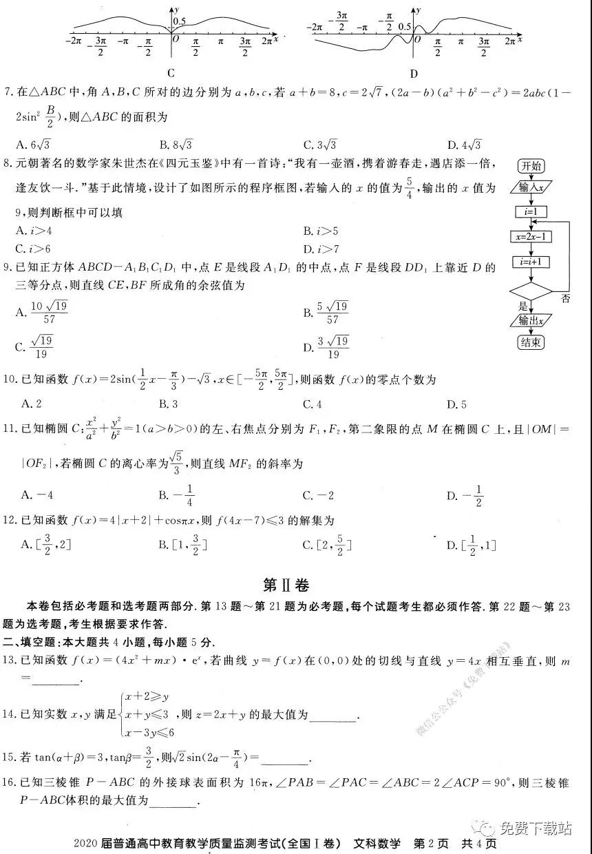 百校聯(lián)盟2020屆普通高中教育教學質量監(jiān)測考試全國I卷文科數(shù)學試題及答案