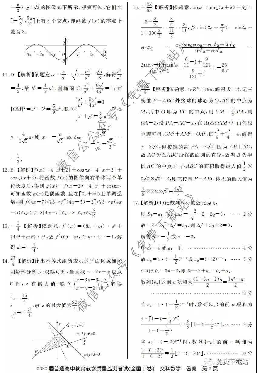 百校聯(lián)盟2020屆普通高中教育教學質量監(jiān)測考試全國I卷文科數(shù)學試題及答案