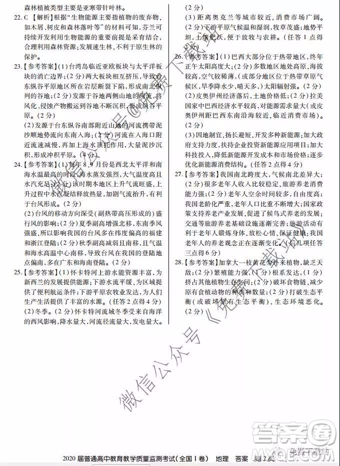百校聯(lián)盟2020屆普通高中教育教學(xué)質(zhì)量監(jiān)測考試全國I卷地理答案