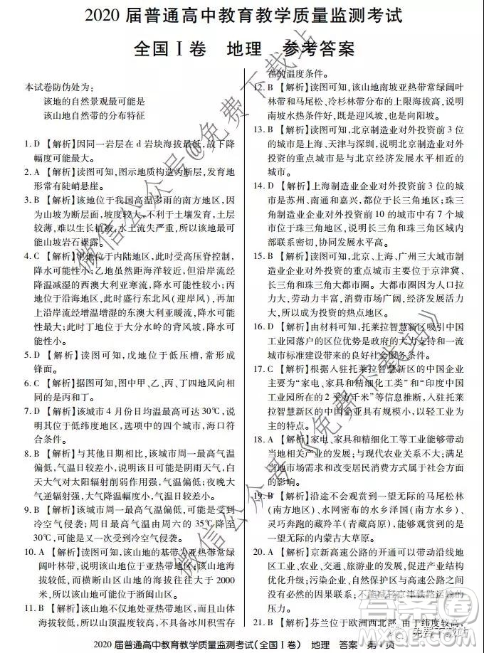百校聯(lián)盟2020屆普通高中教育教學(xué)質(zhì)量監(jiān)測考試全國I卷地理答案
