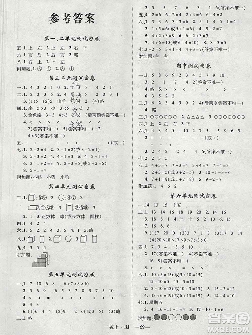 2019秋優(yōu)翼叢書(shū)優(yōu)干線單元加期末卷一年級(jí)數(shù)學(xué)上冊(cè)人教版答案