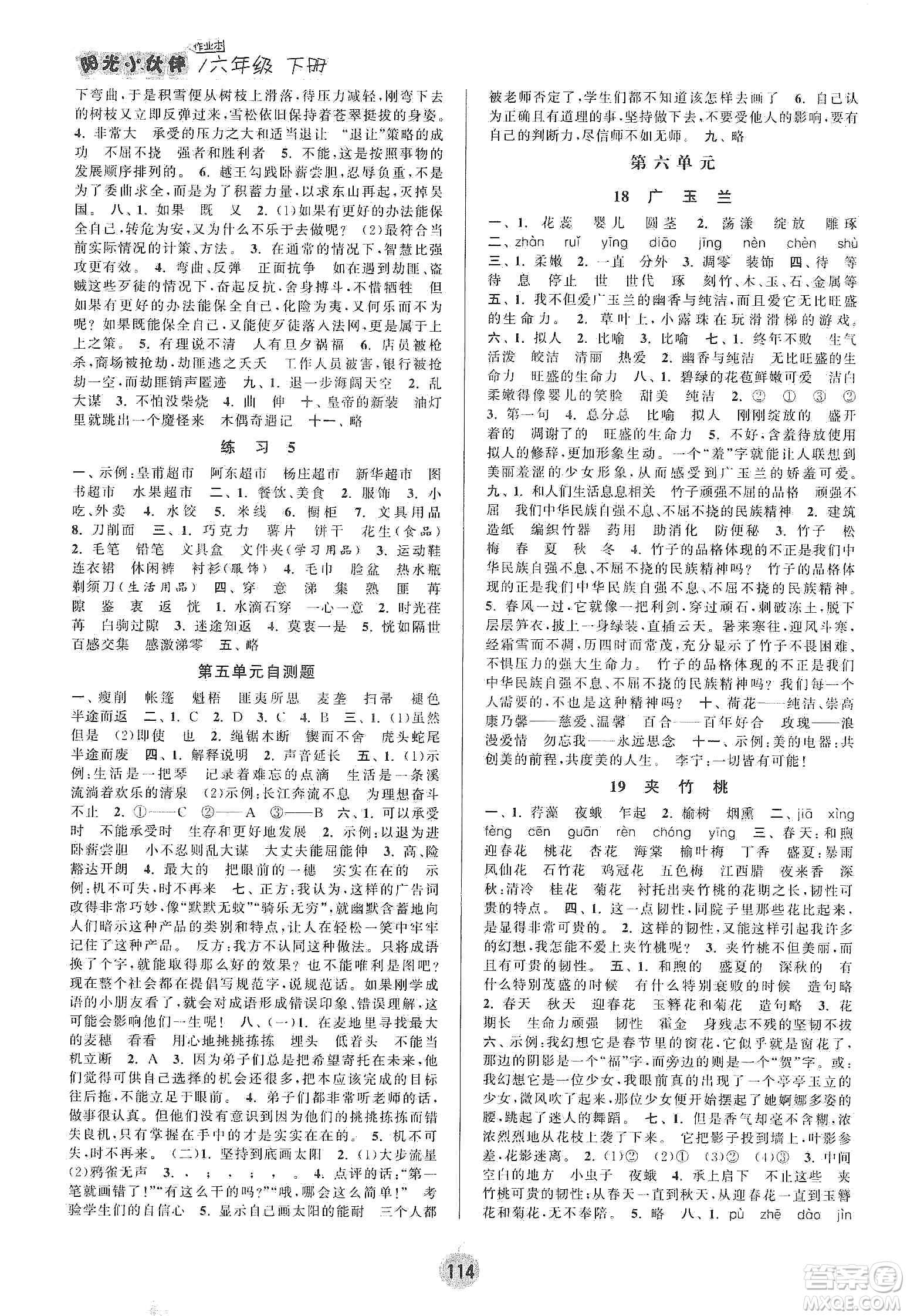 陽(yáng)光小伙伴2020課時(shí)提優(yōu)計(jì)劃作業(yè)本六年級(jí)語(yǔ)文下冊(cè)江蘇地區(qū)專用版答案