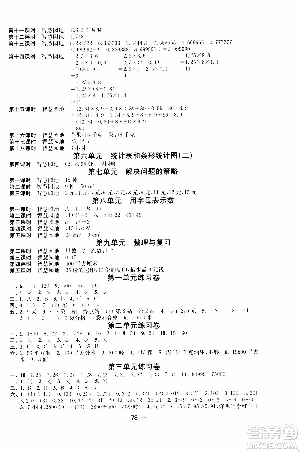 2019年隨堂練1加2課課練單元卷數(shù)學五年級上冊答案