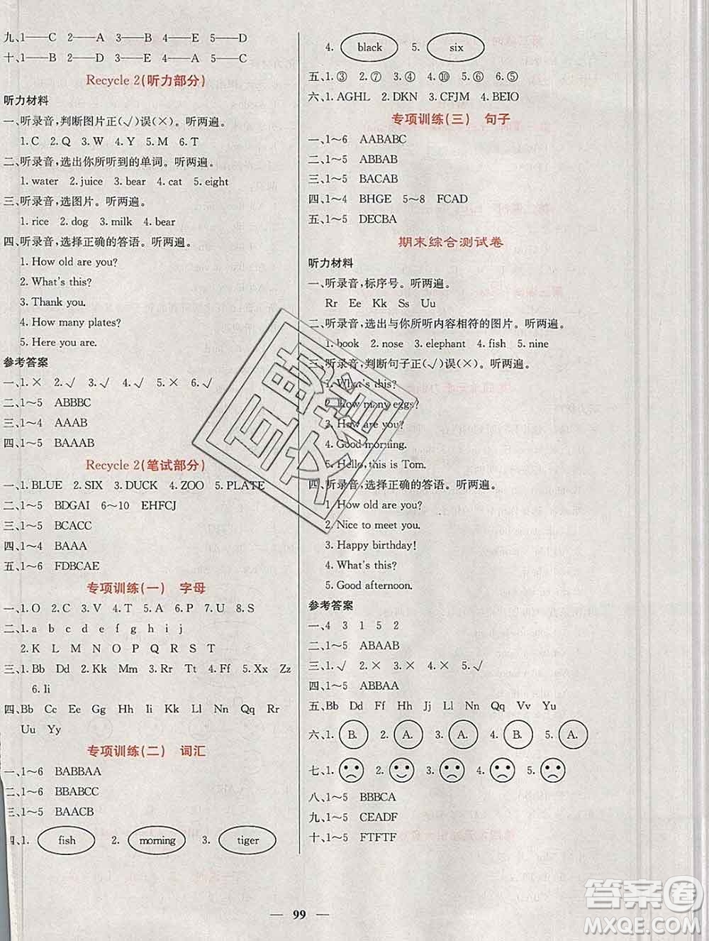 沈陽(yáng)出版社2019年秋課堂點(diǎn)睛三年級(jí)英語(yǔ)上冊(cè)人教版參考答案