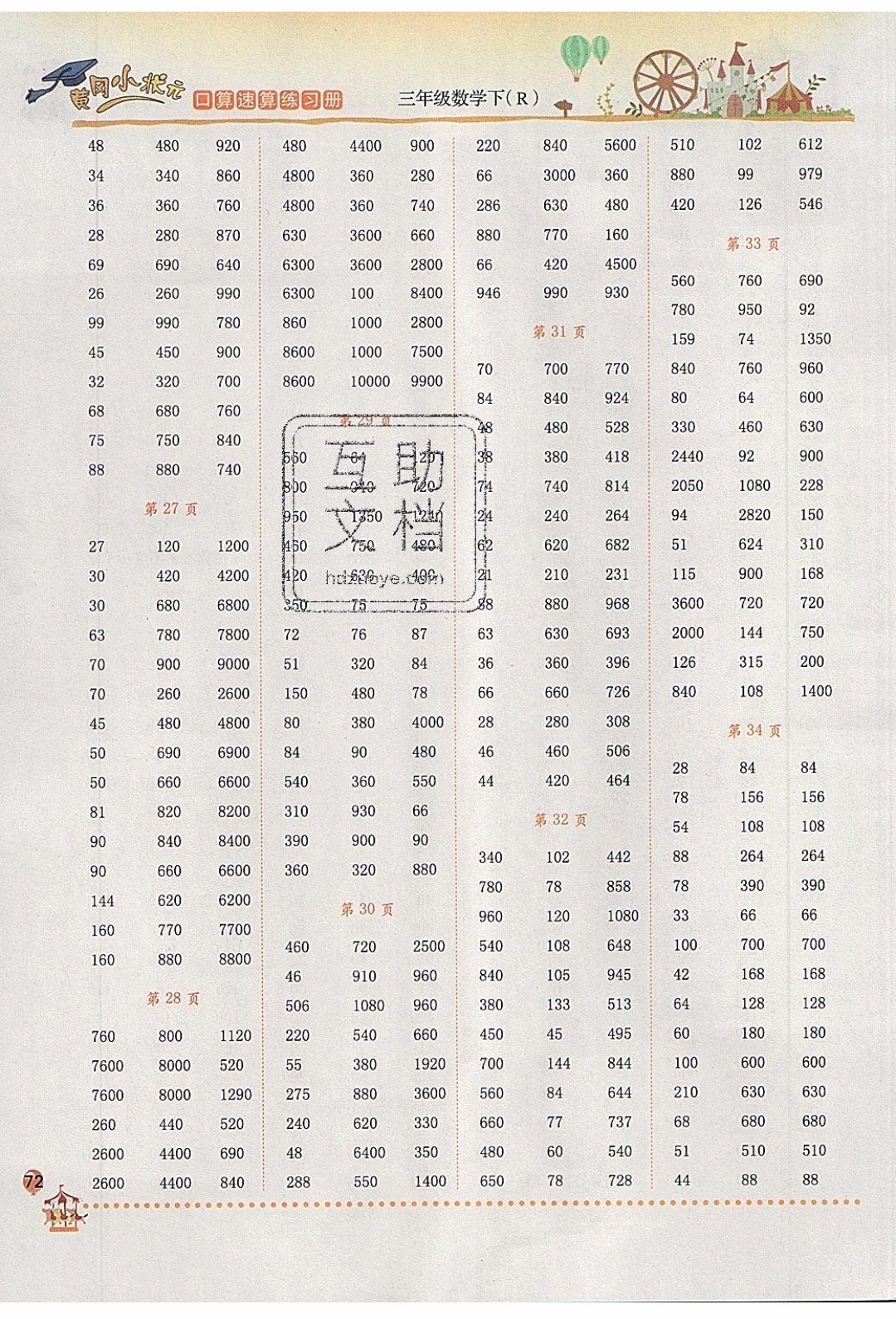 2020年春黃岡小狀元口算速算練習(xí)冊三年級數(shù)學(xué)下冊最新修訂版參考答案
