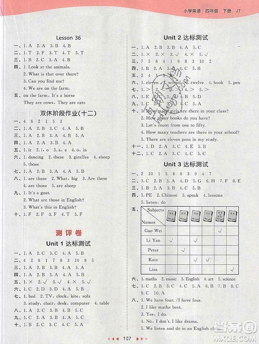 2020年春小兒郎53天天練四年級(jí)英語(yǔ)下冊(cè)精通版參考答案