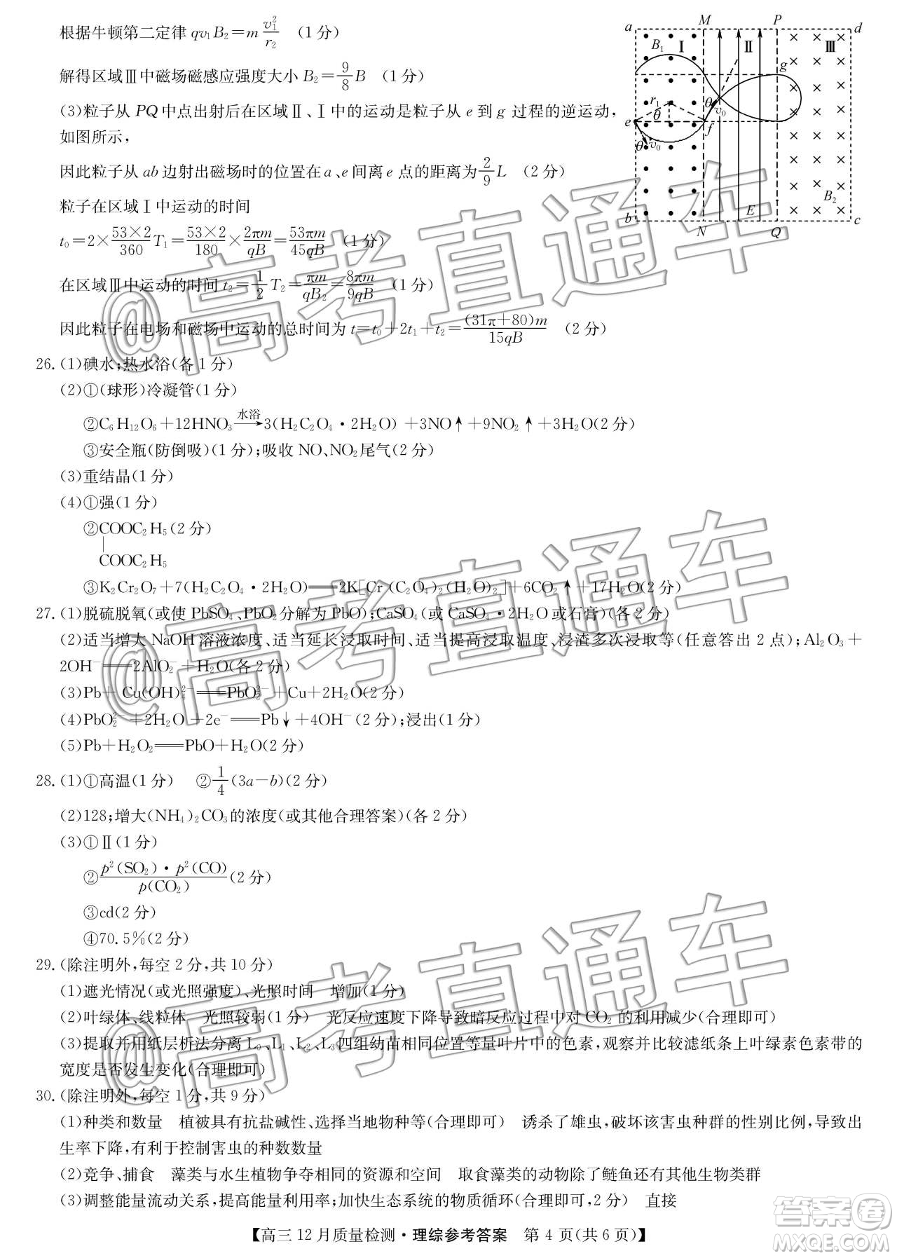 九師聯盟2019-2020學年高三12月質量監(jiān)測理科綜合答案