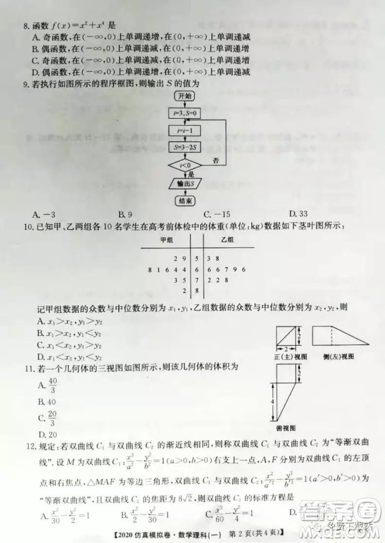 2020年全國(guó)高考仿真模擬試題一理科數(shù)學(xué)試題及答案