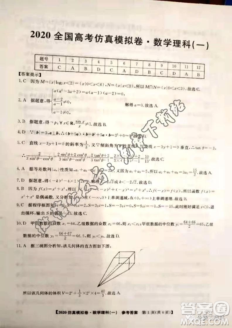 2020年全國(guó)高考仿真模擬試題一理科數(shù)學(xué)試題及答案