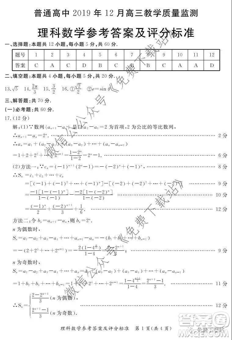 滄州市普通高中2019年12月高三教學(xué)質(zhì)量監(jiān)測理科數(shù)學(xué)試題及答案