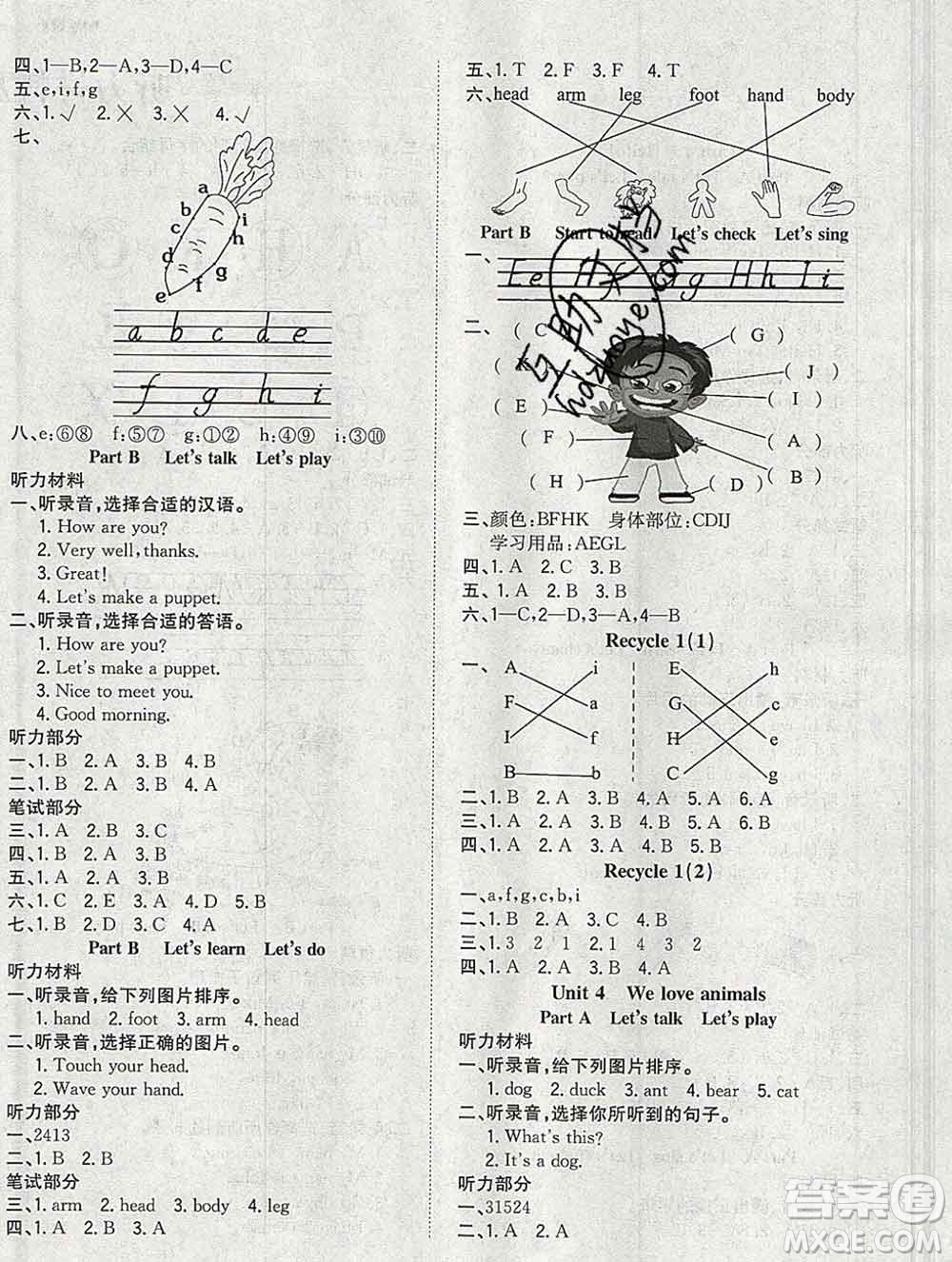 浙江大學(xué)出版社2019課時(shí)特訓(xùn)優(yōu)化作業(yè)本三年級(jí)英語(yǔ)上冊(cè)人教版答案