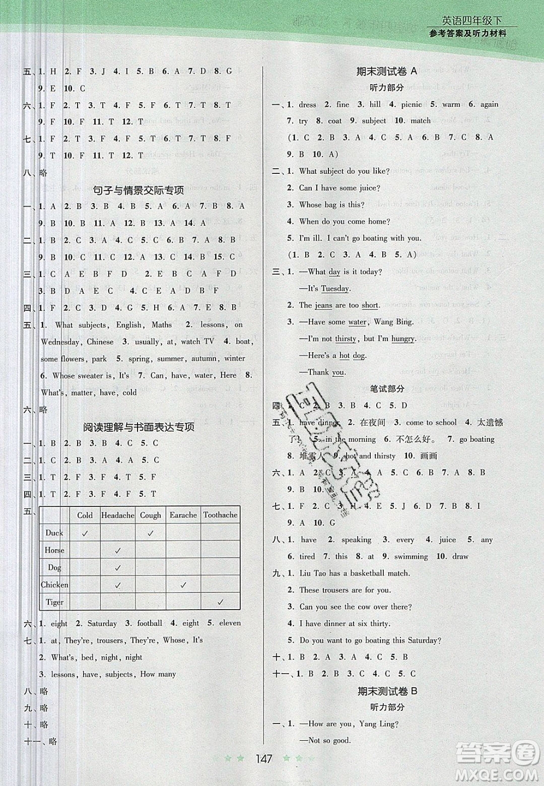 江蘇鳳凰美術出版社2020創(chuàng)新課時作業(yè)本英語四年級下冊江蘇版答案