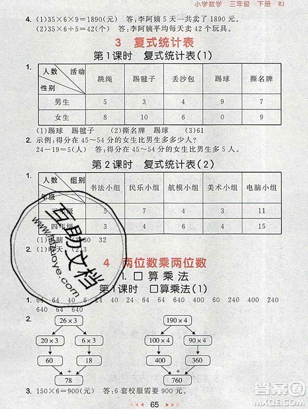 曲一線小兒郎系列2020春53隨堂測小學(xué)數(shù)學(xué)三年級下冊人教版答案