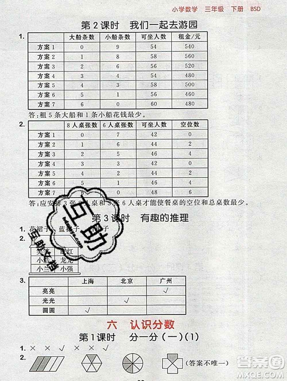 曲一線小兒郎系列2020春53隨堂測小學數(shù)學三年級下冊北師版答案