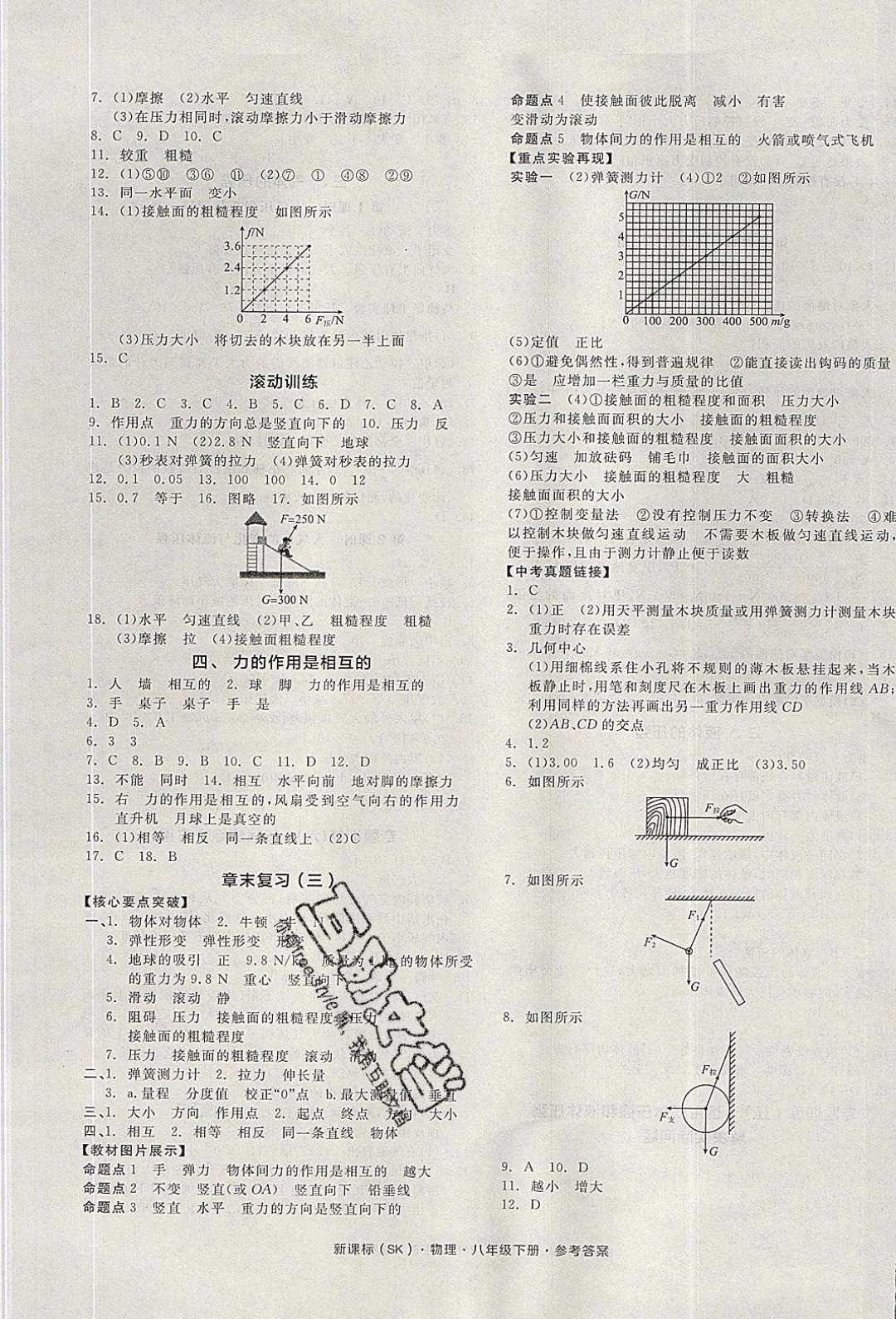 陽(yáng)光出版社2020年全品作業(yè)本物理八年級(jí)下冊(cè)新課標(biāo)SJ蘇教版參考答案