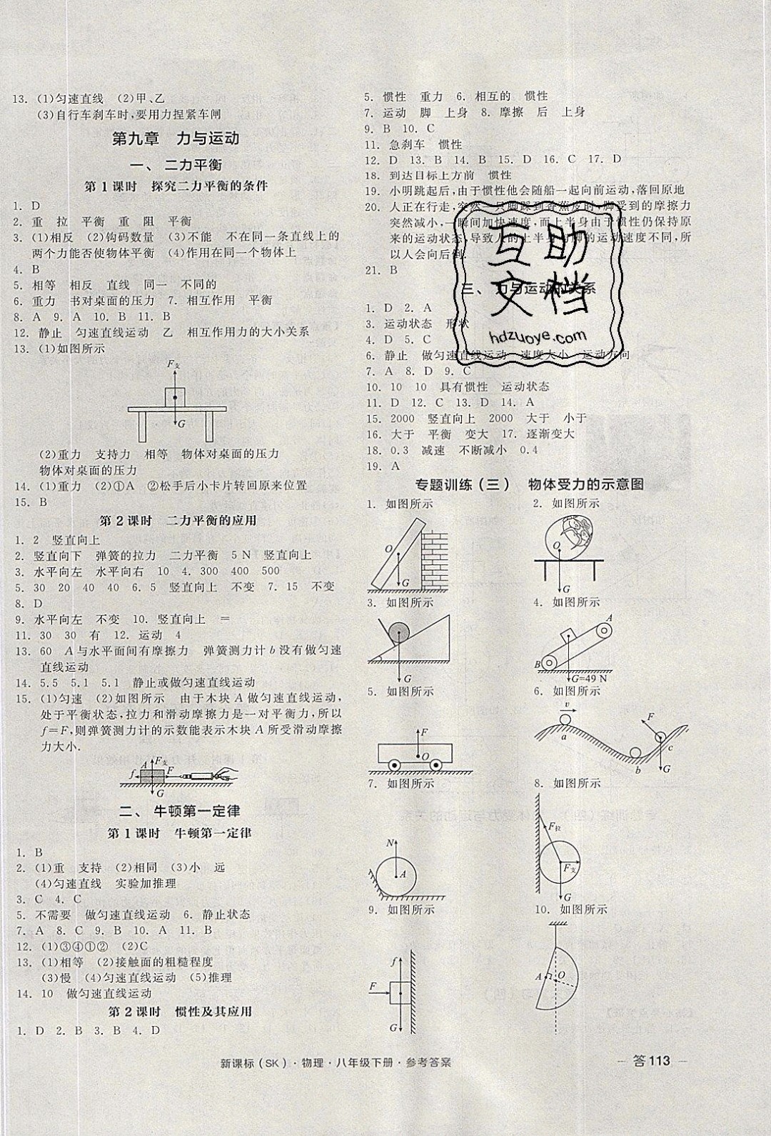 陽(yáng)光出版社2020年全品作業(yè)本物理八年級(jí)下冊(cè)新課標(biāo)SJ蘇教版參考答案