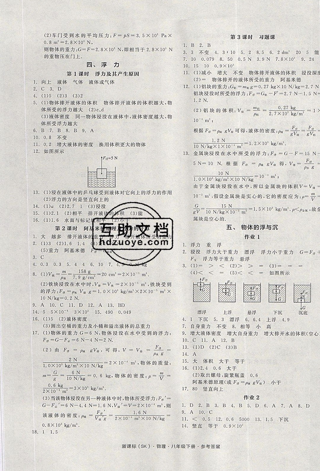 陽(yáng)光出版社2020年全品作業(yè)本物理八年級(jí)下冊(cè)新課標(biāo)SJ蘇教版參考答案