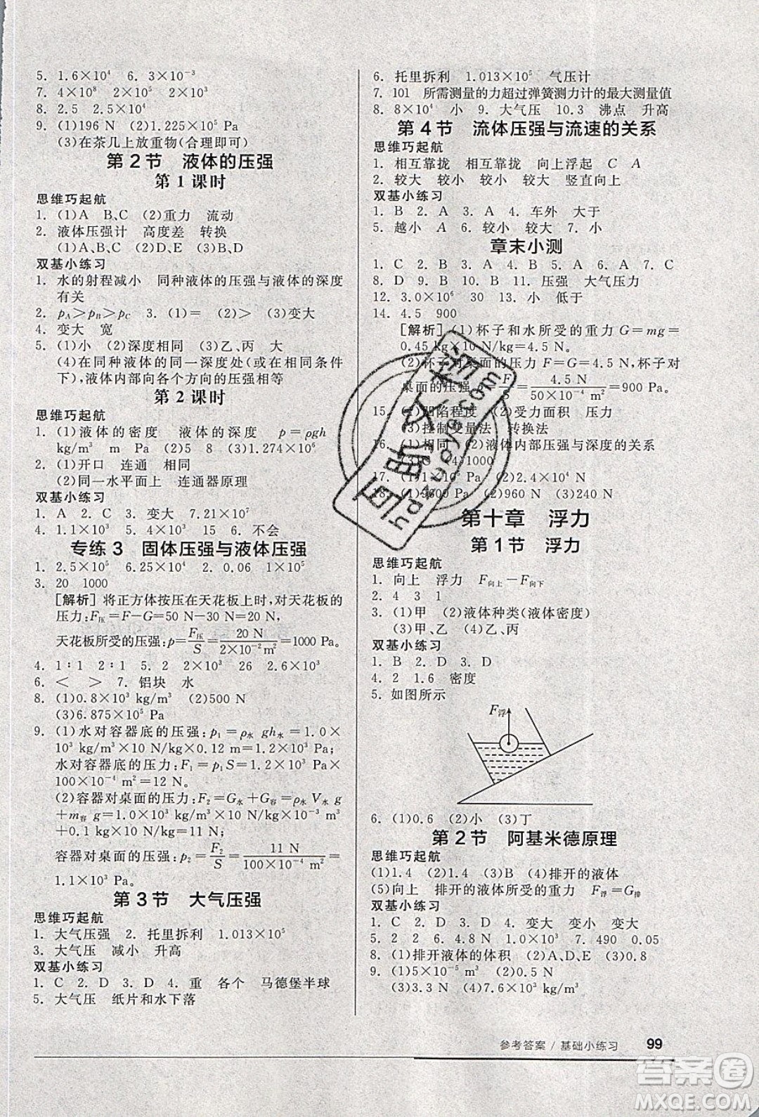 陽光出版社2020年全品基礎小練習物理八年級下冊人教版參考答案