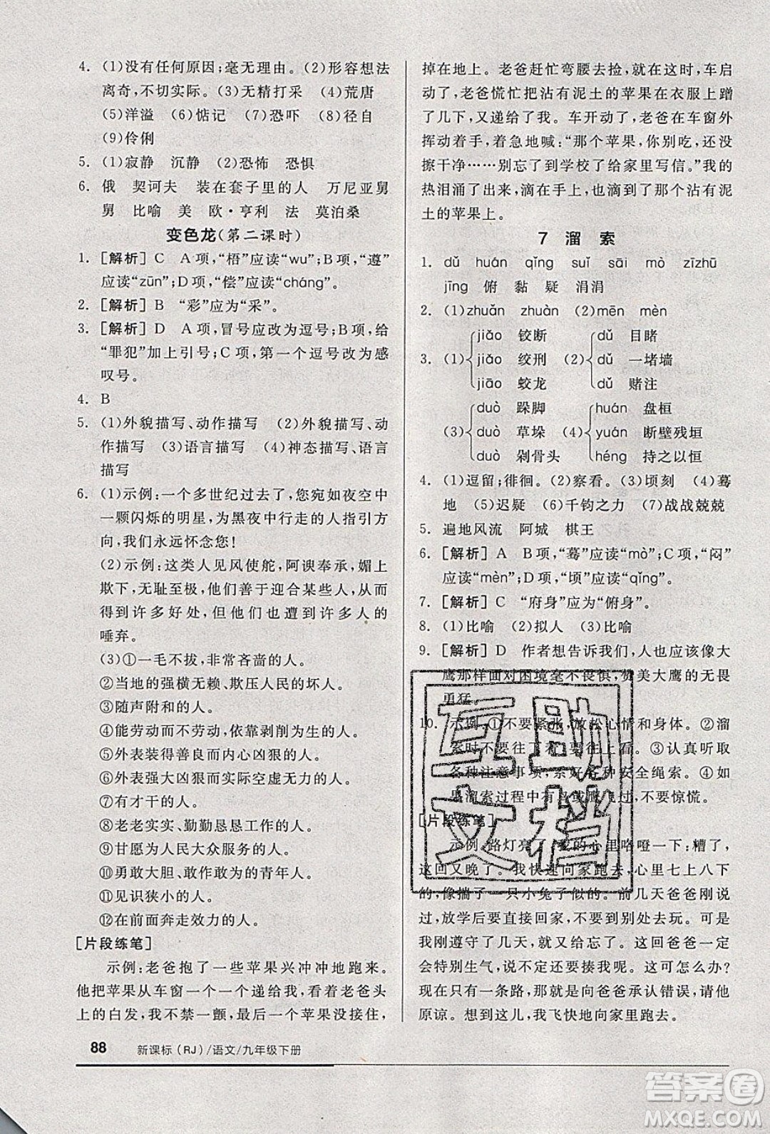 陽光出版社2020年全品基礎(chǔ)小練習(xí)語文九年級下冊人教版參考答案
