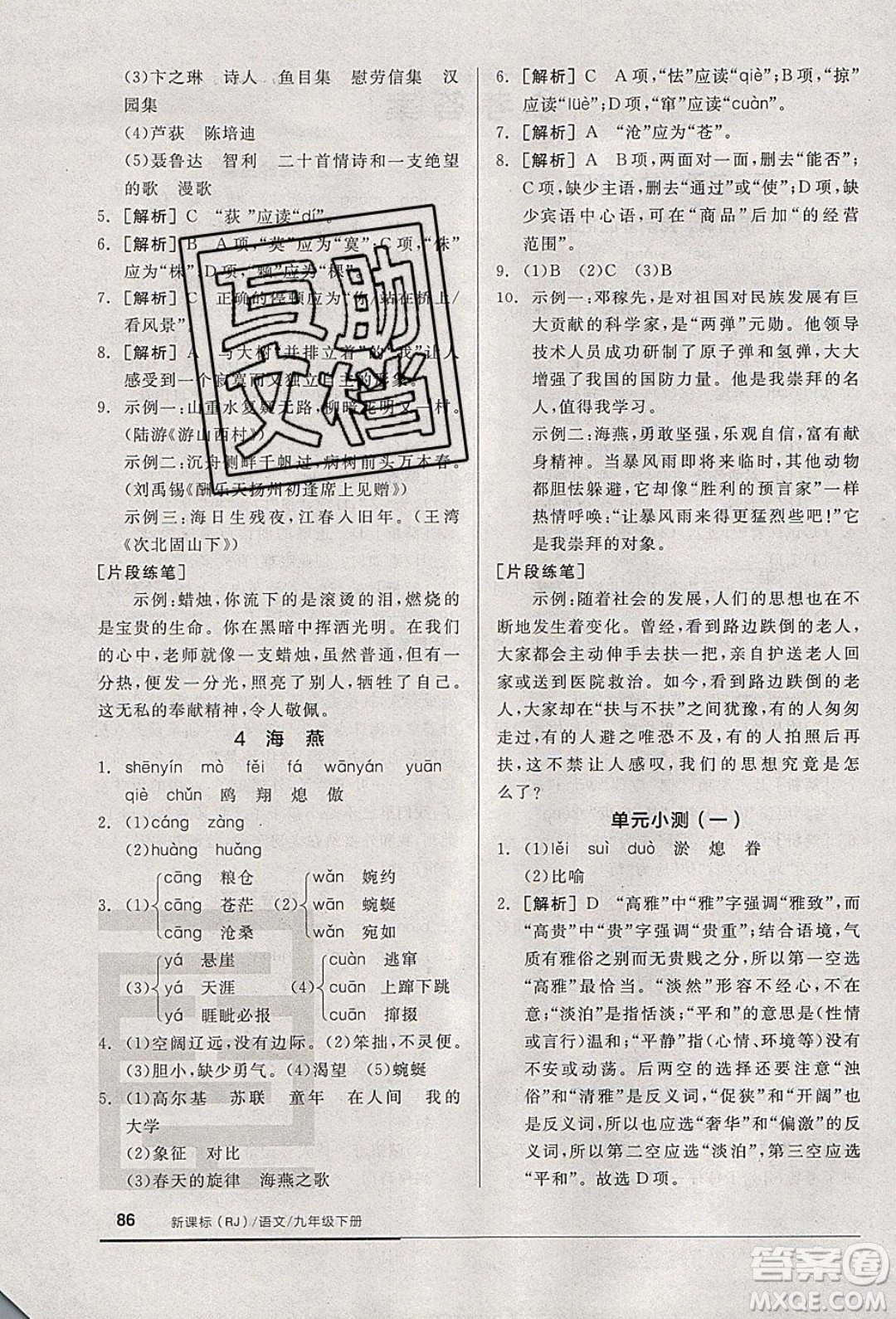 陽光出版社2020年全品基礎(chǔ)小練習(xí)語文九年級下冊人教版參考答案