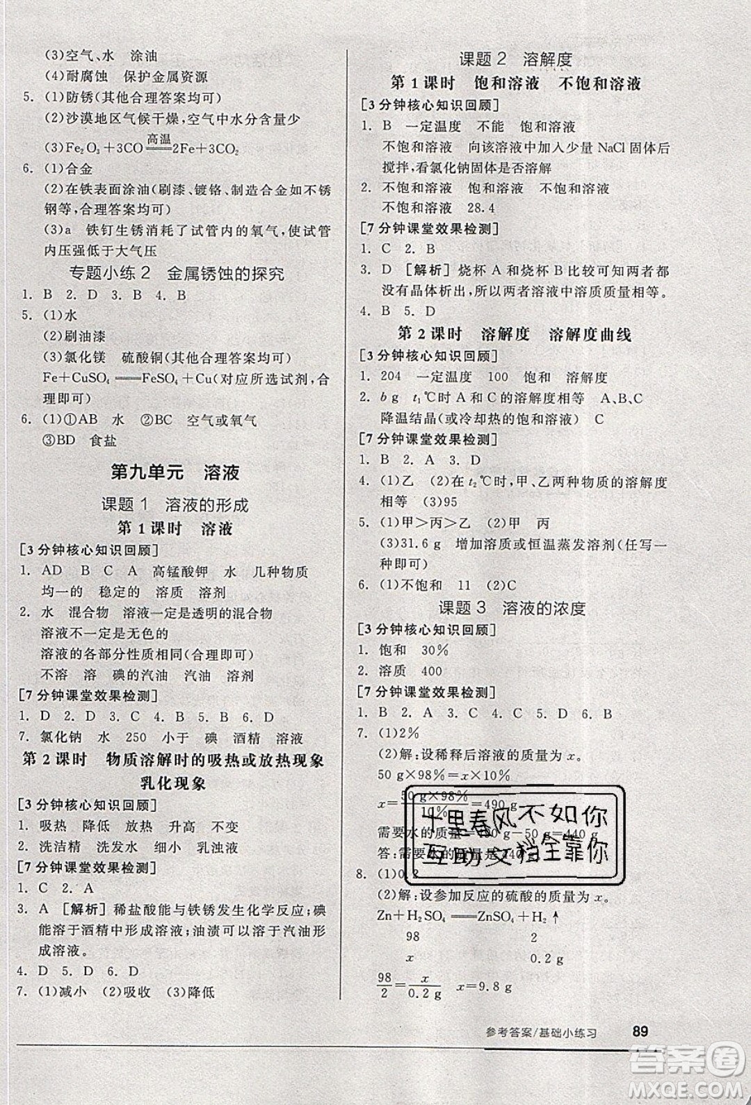 陽光出版社2020年全品基礎(chǔ)小練習(xí)化學(xué)九年級(jí)下冊(cè)人教版參考答案